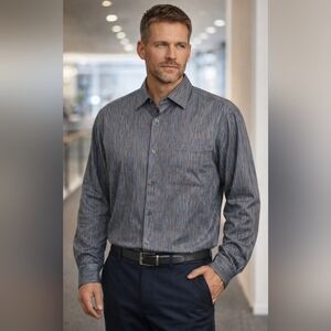 Jhane Barnes Dress Shirt, XL, Cotton, Buttondown, Steel Blue